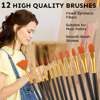 Acrylic Paint Set 36 Colors 2oz Each with 12 Art Brushes – Rich Pigment Painting Supplies for Canvas, Ceramic & Fabric, Beginner & Professional Artists, Back to School & Holiday Gift