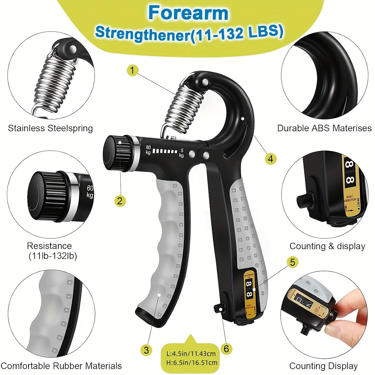 6-Piece Grip Strength Trainer Set – Adjustable Hand Gripper 10-130lbs with Auto Counter, Finger Exerciser, Forearm Workout Rings & Finger Stretcher, Hand Strengthener for Men Women All Hand Sizes