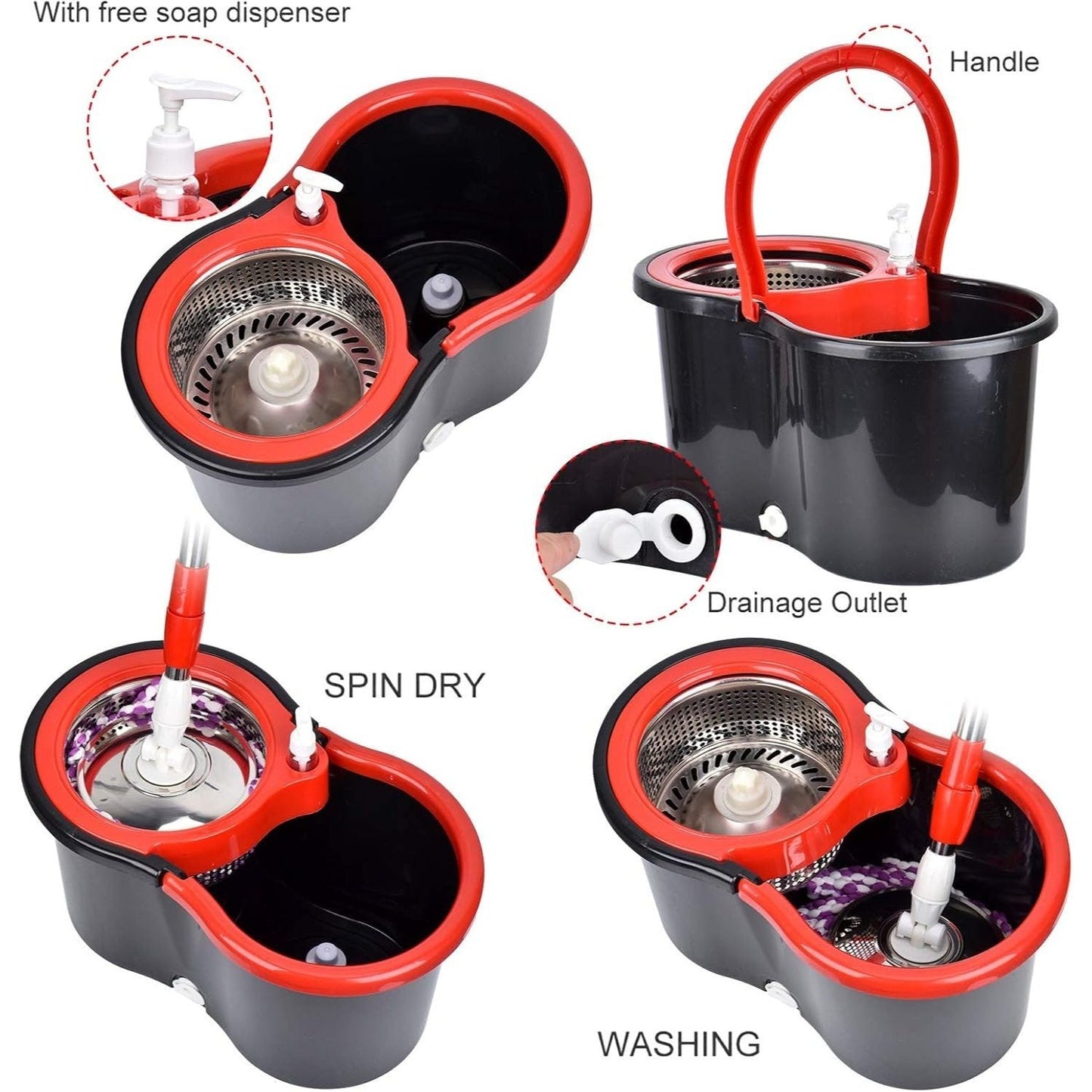360° Spin Mop and Bucket Set with Wringer – Microfiber Mop Refills, Stainless Steel Extended Handle, Separate Compartment, Floor Cleaning System
