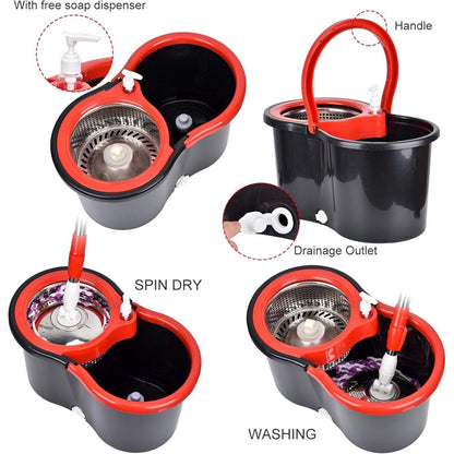 360° Spin Mop and Bucket Set with Wringer – Microfiber Mop Refills, Stainless Steel Extended Handle, Separate Compartment, Floor Cleaning System