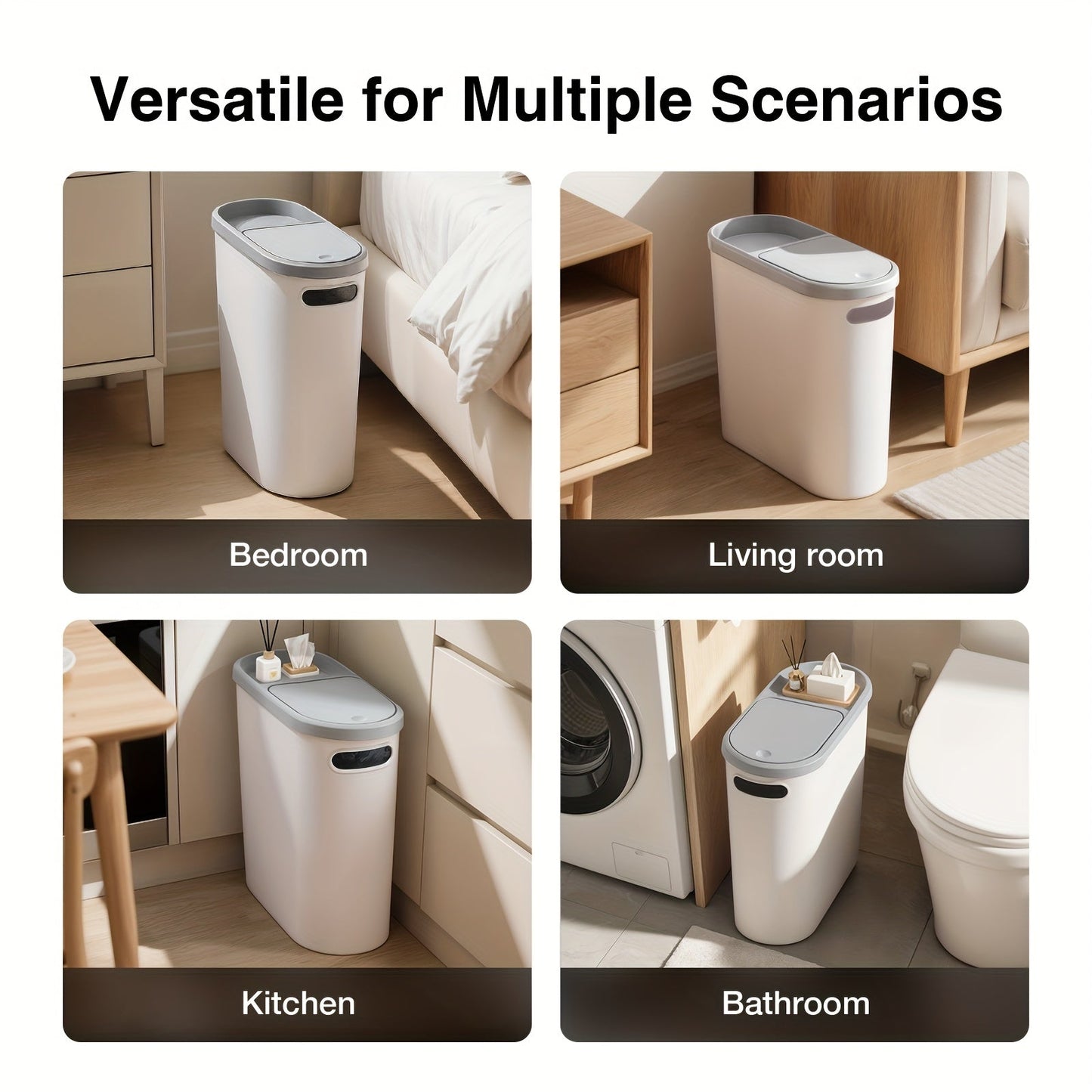 Small Bathroom Trash Can with Built-In Handles 2/1 Pack – Rustproof Plastic Wastebasket, Space-Saving Design for Bathroom, Laundry Room & Home Office, Includes Trash Bags