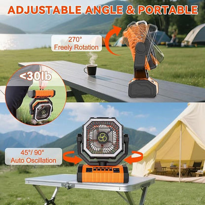 20000mAh Camping Fan with LED Lantern Rechargeable Oscillating 4 Speeds Timer - Portable Tent Fan for Outdoor Camp RV Jobsite Power Outage