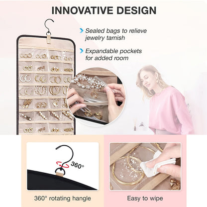 Dual-Sided Hanging Jewelry Organizer with 360° Rotating Hanger – Wall Mount Display Holder for Earrings Bracelets Rings Necklaces, Bedroom Closet Jewelry Storage Rack, Mother's Day Gift