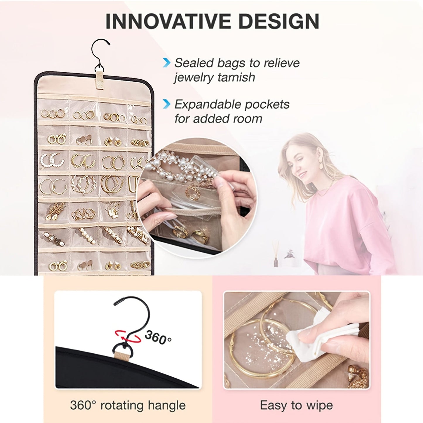 Dual-Sided Hanging Jewelry Organizer with 360° Rotating Hanger – Wall Mount Display Holder for Earrings Bracelets Rings Necklaces, Bedroom Closet Jewelry Storage Rack, Mother's Day Gift