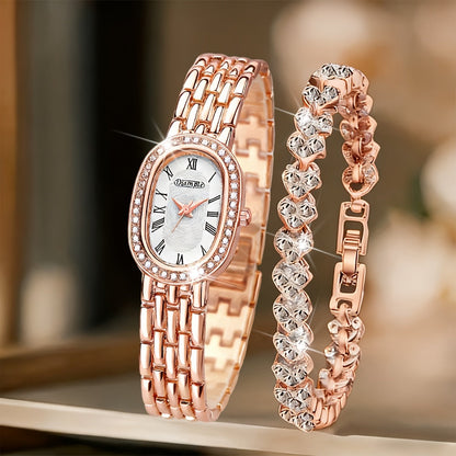 Women's Retro Quartz Watch Set 2pcs – Elegant Heart Chain Stainless Steel Rectangular Dial Analog Wristwatch, Court Style Luxury Timepiece Gift for Wedding, Easter, Birthday & Casual Wear