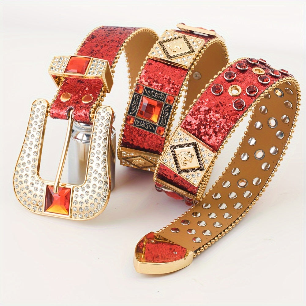 Rhinestone Punk Belt for Women - European American Style Rock & Roll Fashion Belt with Inlaid Rhinestones & Sequins, Zinc Alloy Golden Buckle, Glamorous Party Festival & Everyday Outfit Accessory