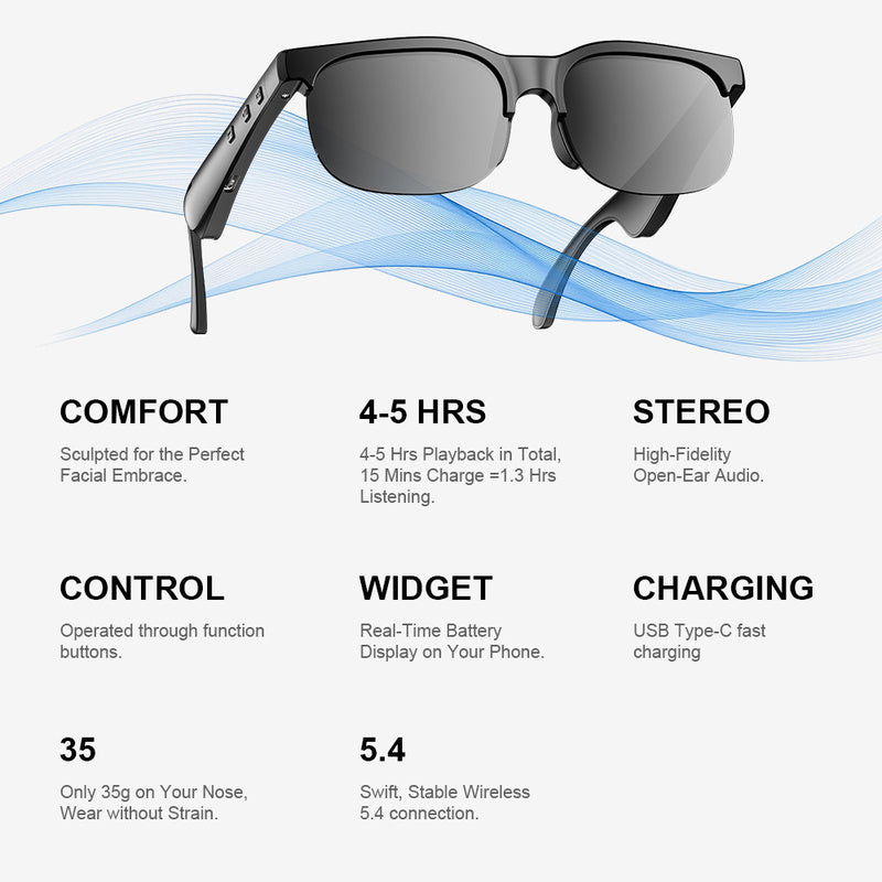 Bluetooth Audio Glasses 2-in-1 Wireless Smart Glasses with Built-in Stereo Speakers USB-C Charging Lightweight Open Ear Sunglasses for Music Gaming Video Calls Compatible with iPhone Android Black White