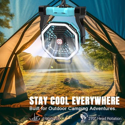 Rechargeable Portable Camping Fan with LED Light & Hanging Rope - 4-Speed USB Battery Powered Tent Fan for Outdoor Travel Indoor Home