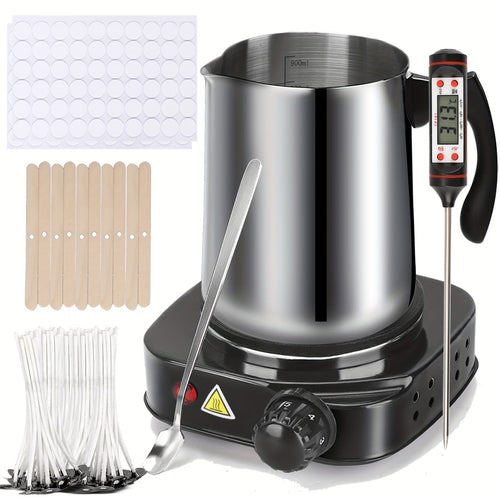 Complete DIY Candle Making Kit with Electric Wax Melter Thermometer 30oz Wax Pouring Pot Spoon Cotton Wicks All-in-One Starter Set for Adults Beginners Stainless Steel 110V Homemade Candle Supplies