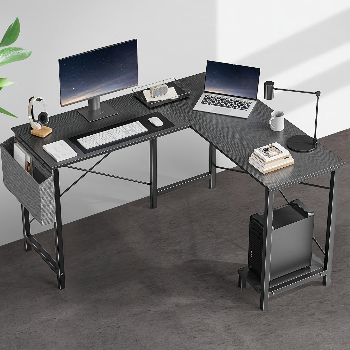 L Shaped Computer Desk with Storage Bag & Shelves – Reversible Corner Office Table, PC Laptop Workstation for Home Office, Study Room, Space-Saving Writing Desk