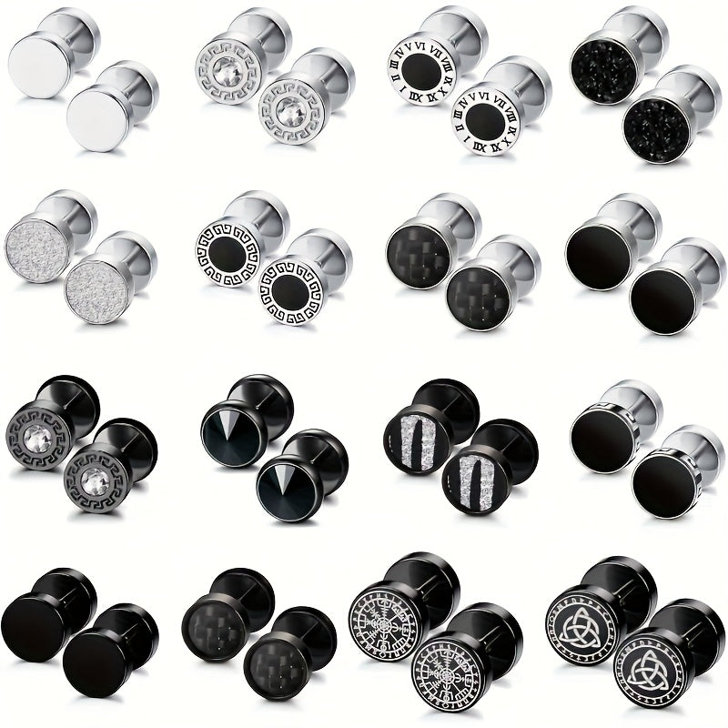 16-Pair Fake Gauge Stud Earrings for Men & Women – 316L Stainless Steel Faux Plug Screw Barbell Ear Studs, 8mm Black & Silver Assorted Styles, Hypoallergenic Earring Set Gift