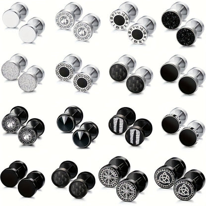 16-Pair Fake Gauge Stud Earrings for Men & Women – 316L Stainless Steel Faux Plug Screw Barbell Ear Studs, 8mm Black & Silver Assorted Styles, Hypoallergenic Earring Set Gift
