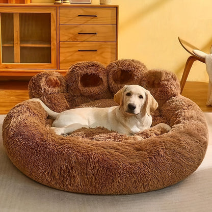 Bear Paw Shaped Donut Dog & Cat Bed Calming Warm Soft Plush Cushion Coffee Color with Pet Scarf – S to XXL Sizes