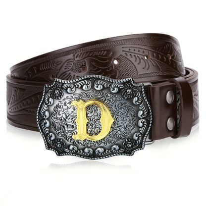 Western Cowboy Belt for Men & Women Embossed Floral Faux Leather – Longhorn Bull Pattern Big Buckle Zinc Alloy, Sizes 34-44, Stylish Durable Country Western Dress Belt Gift for Christmas Father's Day