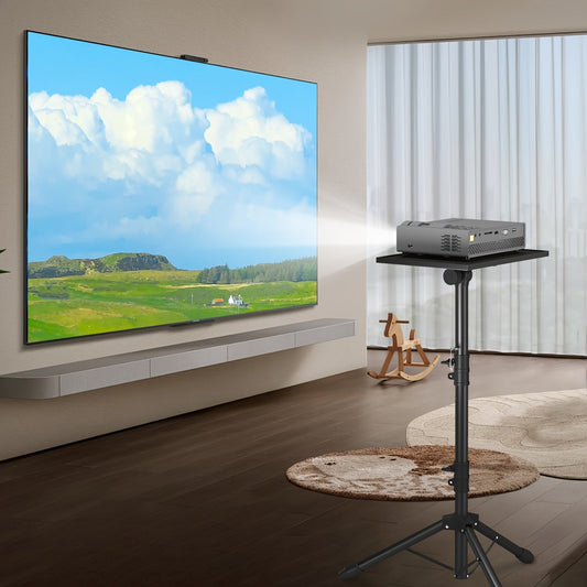 Projector & Laptop Tripod Stand – Height Adjustable with Gooseneck Phone Holder, 180° Tilt Tray, 22 lb Capacity, Portable Floor Stand for Office Home Stage Studio & DJ