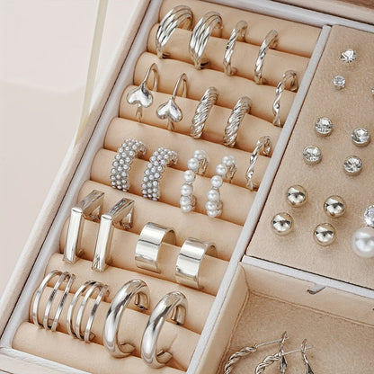 102-Piece Women's Earrings Set - Elegant Imitation Pearl Rhinestone Hoop Ear Cuffs Heart & Geometry Studs, Stainless Steel Hypoallergenic Fashion Jewelry for Daily Wear Parties Dates & Gifts
