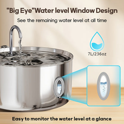 Stainless Steel Pet Water Fountain 236oz 7L Automatic Cat & Dog Water Dispenser with Replacement Filters USB Powered Water Level Window – FT007 Model