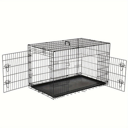 Folding Metal Wire Dog Crate Double Door with Divider Panel Leak-Proof Pan Tray Pet Kennel Indoor Outdoor Travel Small Medium Large XL Dogs 4 Sizes