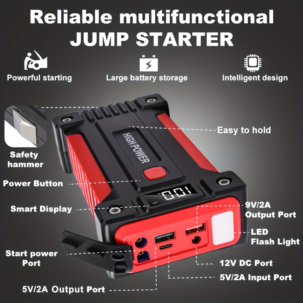 Portable Car Jump Starter Power Pack 1600A–3000A 12V Battery Booster – Compact Emergency Start for Gas & Diesel Engines with USB Charge Ports & LED Flashlight