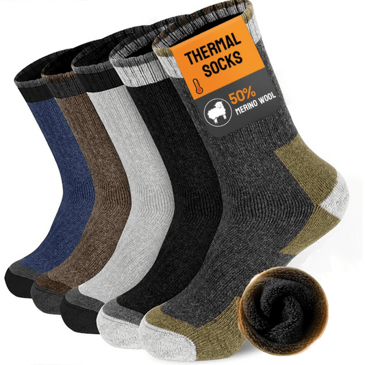 Men's Wool Socks 5 Pairs Extra Thick Thermal Winter Crew Socks – 300g/m² Heavyweight, Striped Pattern, Machine Washable, Size 7-13, Warm Fall & Winter Socks for Men