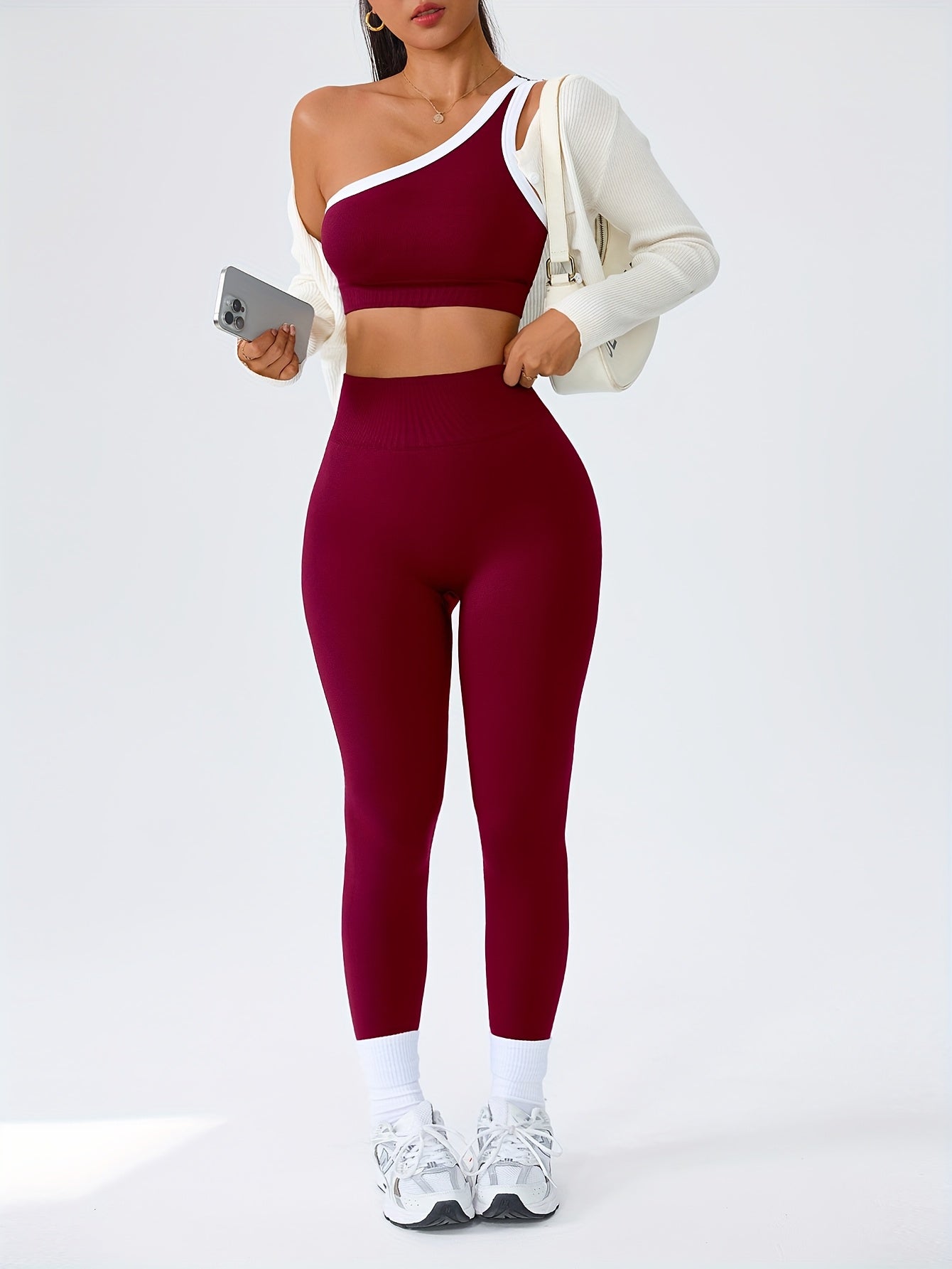 Women's 2-Piece High-Waisted Butt-Lifting Leggings & Sports Bra Set – 90% Polyamide Stretchy Minimalist Yoga Running Workout Outfit with Camisole Top, Solid Color, S-XL