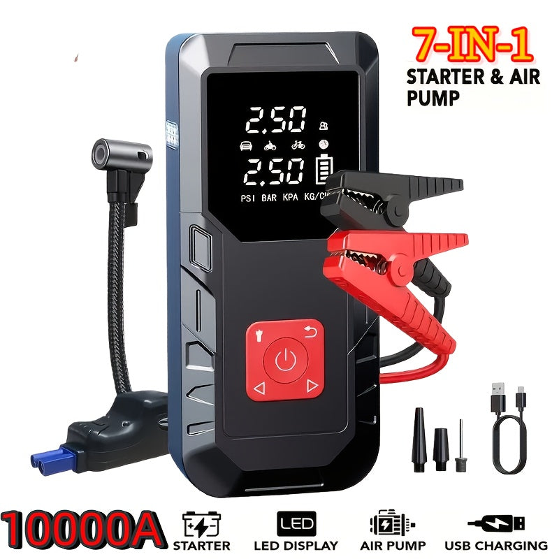 10000A Car Jump Starter with 350PSI Air Compressor, 9-in-1 Portable Battery Jump Starter Pack with LED Light, USB Type-C Fast Charging, Tire Inflator – 12V Car Emergency Kit & Gift