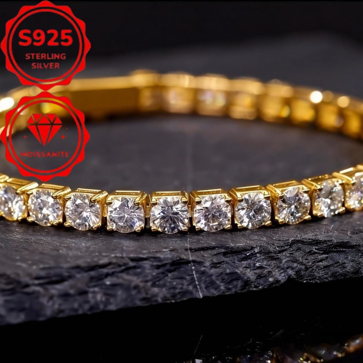 S925 Sterling Silver Moissanite Tennis Bracelet for Women – 4mm Bright Cut Gold Finish, Elegant French Style, Hypoallergenic, Sizes 6–9in, Perfect Wedding & Birthday Gift (7.71g)