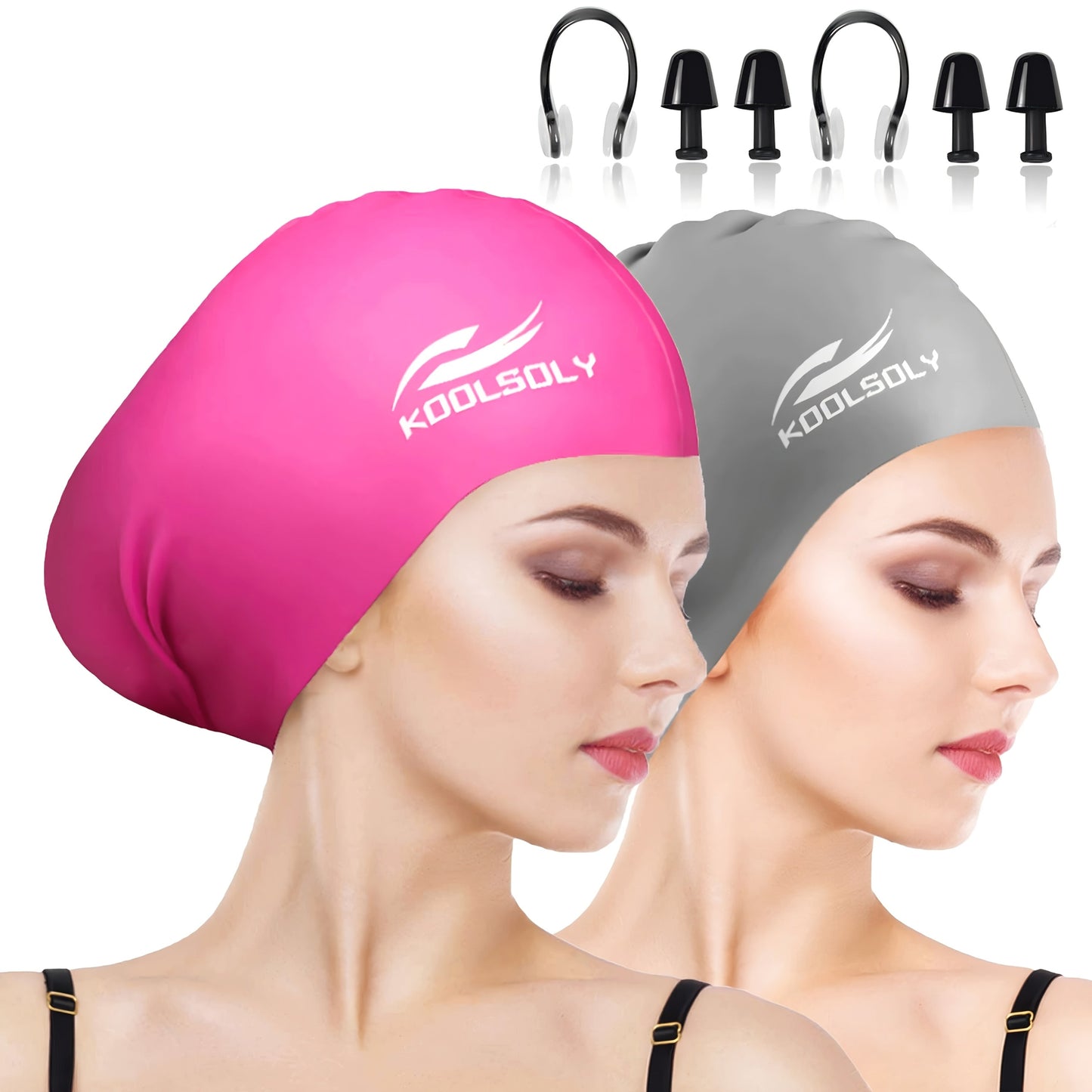 Silicone Swimming Cap 2 Pack with Ear Protection for Long Hair – Includes Earplugs & Nose Clip, Waterproof Swim Cap Set, 11 Color Options for Women Men Adults