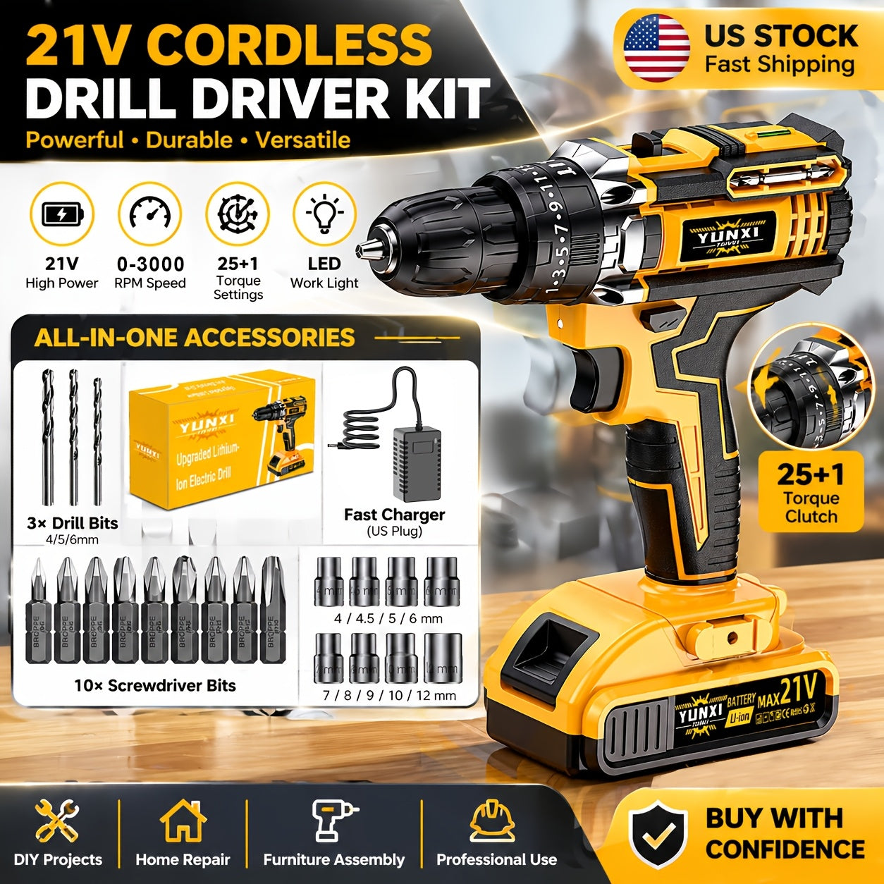 21V Cordless Impact Drill Set 2.0Ah Battery & Fast Charger with Work Light Speed & Torque Adjustment Electric Screwdriver Combo – Optional Storage Box for Car & Home Repair DIY Men's Gift