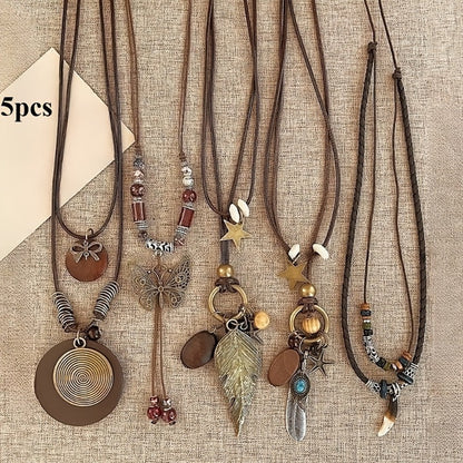 5 Piece Bohemian Layered Necklace Set for Women – Retro Boho Sweater Chain Y-Shaped Necklace with Feather Leaf Butterfly Star Pendants, Fashionable Stackable Jewelry Gift for Daily Wear and Banquets