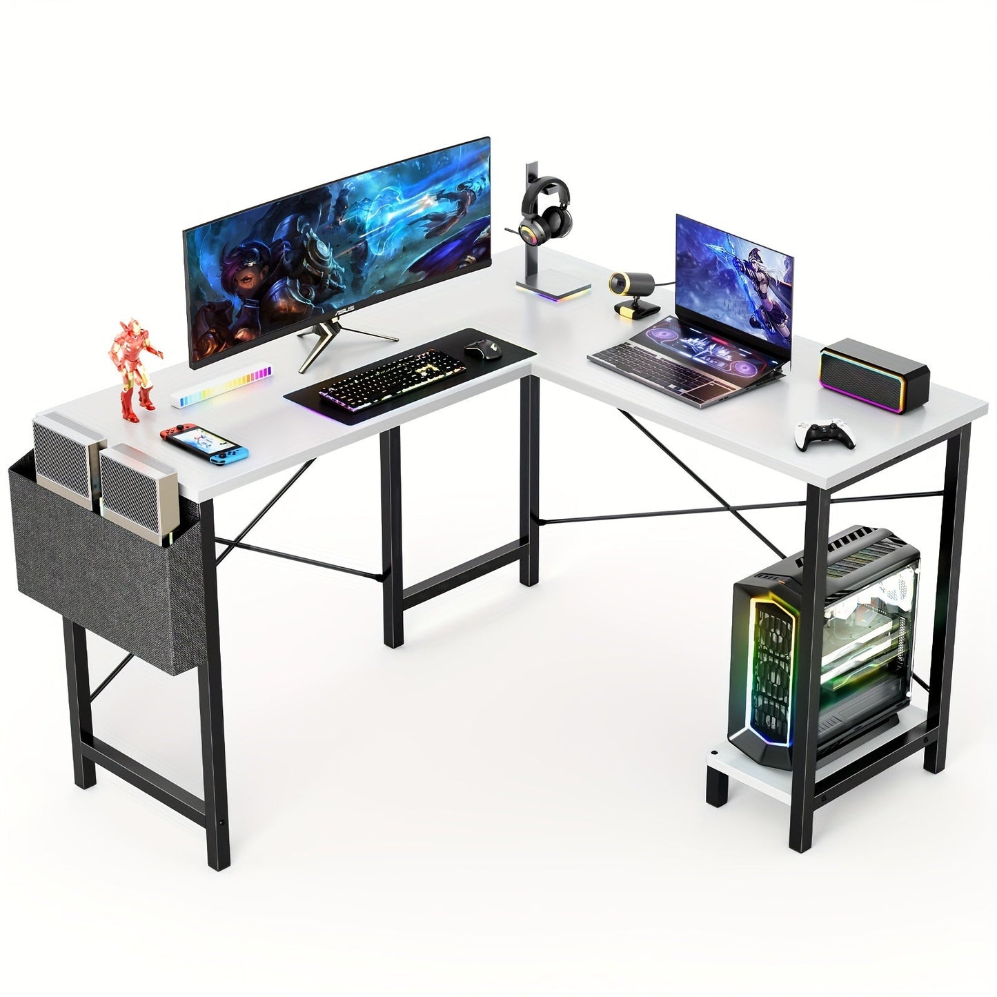 L-Shaped Corner Desk 50 Inch – Gaming & Home Office Computer Desk with CPU Stand, Side Bag & Wooden Desktop, Reversible PC Writing Study Table for Home Office, Dorm & Small Spaces