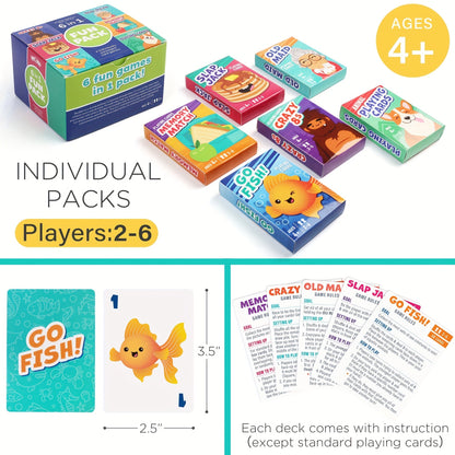 6-in-1 Kids Card Games Set with 6 Decks – Go Fish, Old Maid, Crazy Eights, Memory Match, Slap Jack & Animal Cards | Family Game Night for Ages 4+, Birthday & Christmas Gift, Stocking Stuffer