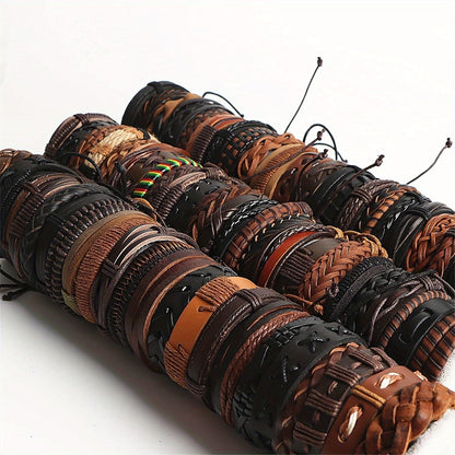 26 Pcs Vintage Faux Leather Braided Bracelet Set for Men and Women Adjustable Handmade Woven Cuff Bracelets Unisex Black Brown Retro Style Boho Jewelry Gift for Party Daily Wear