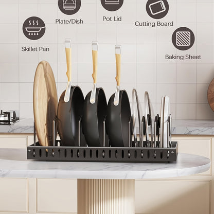 Pull-Out Pot and Pan Organizer for Kitchen Cabinets – Sliding Lid Rack & Pan Holder with 8/16 Adjustable Dividers for Storing Lids, Baking Tools & Plates, Cabinet Storage Box, Black or White