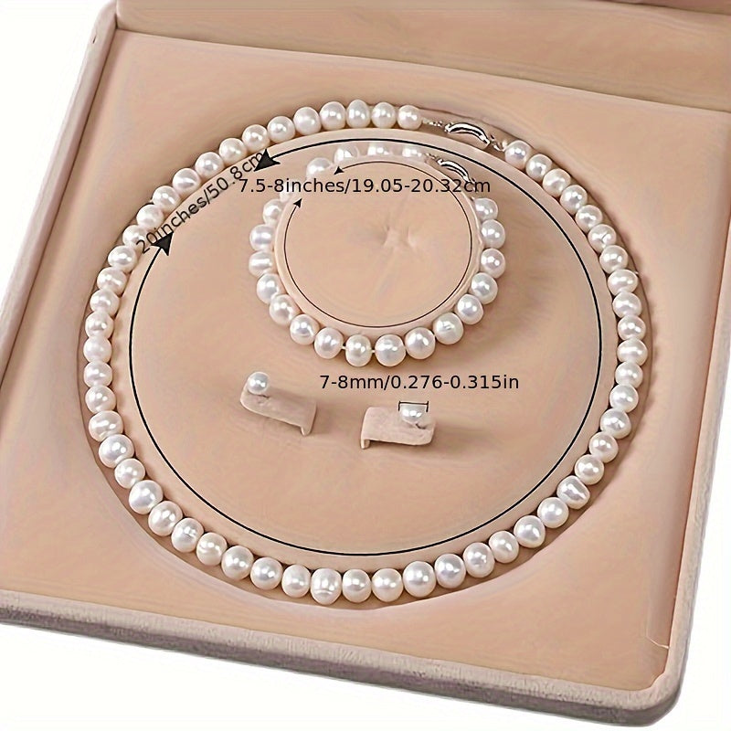Freshwater Pearl Jewelry Set for Women - 925 Sterling Silver Cultured Pearl Necklace Bracelet & Earrings Set, Elegant French-Style Gift for Weddings Banquets Parties & Anniversaries