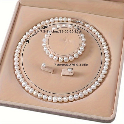 Freshwater Pearl Jewelry Set for Women - 925 Sterling Silver Cultured Pearl Necklace Bracelet & Earrings Set, Elegant French-Style Gift for Weddings Banquets Parties & Anniversaries