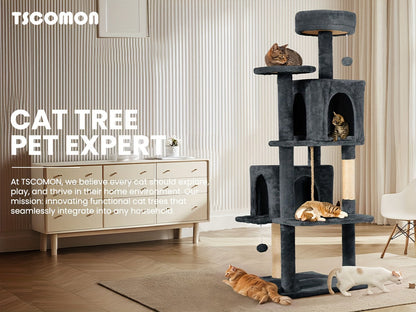59" Multi-Level Cat Tower for Indoor Cats – Large Cat Tree with Plush Resting Area, Sisal Scratching Post & Hanging Ball Toy – Ideal for Bedroom, Living Room & Multi-Cat Households – Velora