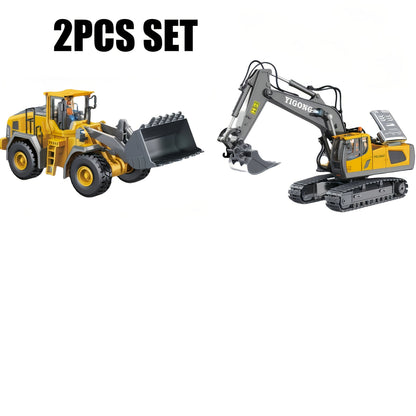 Remote Control Excavator Toy Set with Metal Shovel LED Lights 1200mAh Battery RC Construction Truck Bulldozer Dump Truck Loader Combo for Boys Ages 6 and Up Birthday Christmas Gift