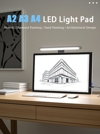 LED Tracing Light Pad Board A2 A3 A4, Dual Light Bar Ultra-Thin Copy Table with 3-Speed Dimming & Eye-Caring No-Grid Surface for Diamond Painting, Sketching & Drawing