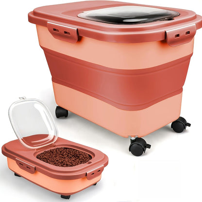 Foldable Pet Food Storage Container with Airtight Lid & Wheels – Large Capacity Moisture-Proof Dog Cat Food Bin 5–30 LBS, Collapsible Storage for Pet Food, Grains & Flour, Gray Green Pink
