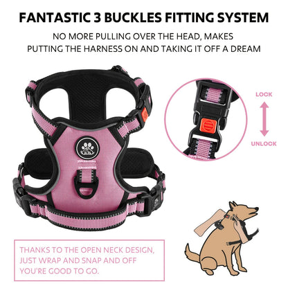 No Pull Dog Harness Set with Leash Retractable Seatbelt & Collar – Fully Reflective Adjustable Breathable Vest Harness with Handle for Small & Large Dogs XS–XL
