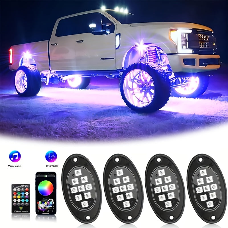 RGB LED Rock Lights Kit for Trucks & Pickup – Sound Activated, APP & Remote Control, Multicolor Underglow Chassis Neon Light, 9 Large Light Beads, 4/6/8/10 Pods Underbody Lighting