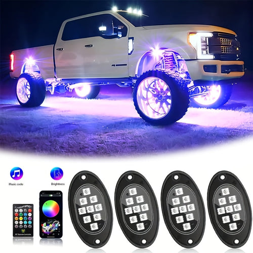 RGB LED Rock Lights Kit for Trucks & Pickup – Sound Activated, APP & Remote Control, Multicolor Underglow Chassis Neon Light, 9 Large Light Beads, 4/6/8/10 Pods Underbody Lighting
