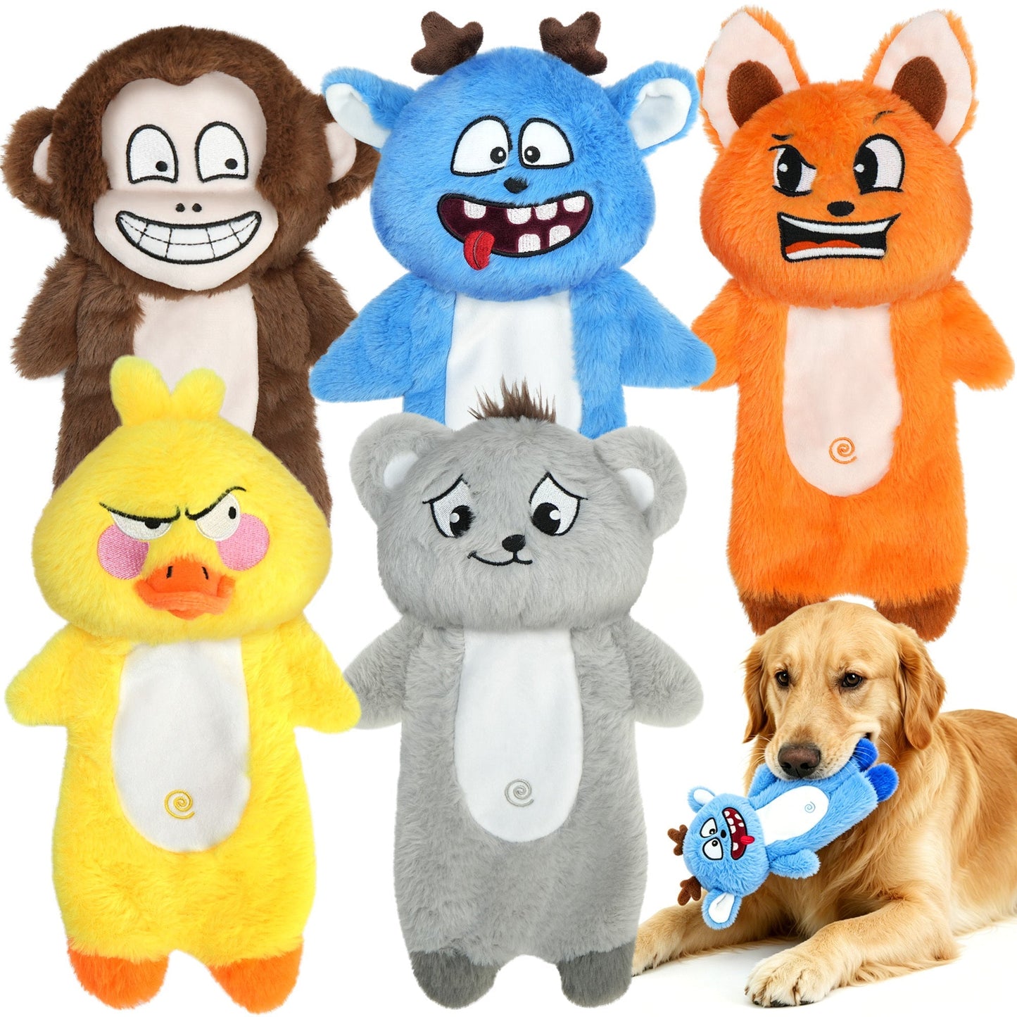 Dog Squeaky Toys No Stuffing 5 Pack – Durable Plush Chew Toy Bundle for Small Medium Large Breeds, Dual Squeaker Puppy Teething Toys, Interactive Fetch Toys for Dogs, Best Birthday Gift for Pets