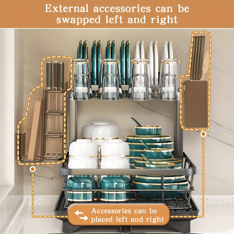 2-Tier Metal Dish Drying Rack with Cutlery Holder, Cup Holder & Rust-Proof Drip Tray – Space-Saving Countertop Dish Drainer for Kitchen Organization, Durable Steel Dish Rack for All Countertop Types