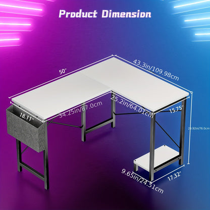 L Shaped Computer Desk with Storage Bag & Shelves – Reversible Corner Office Table, PC Laptop Workstation for Home Office, Study Room, Space-Saving Writing Desk
