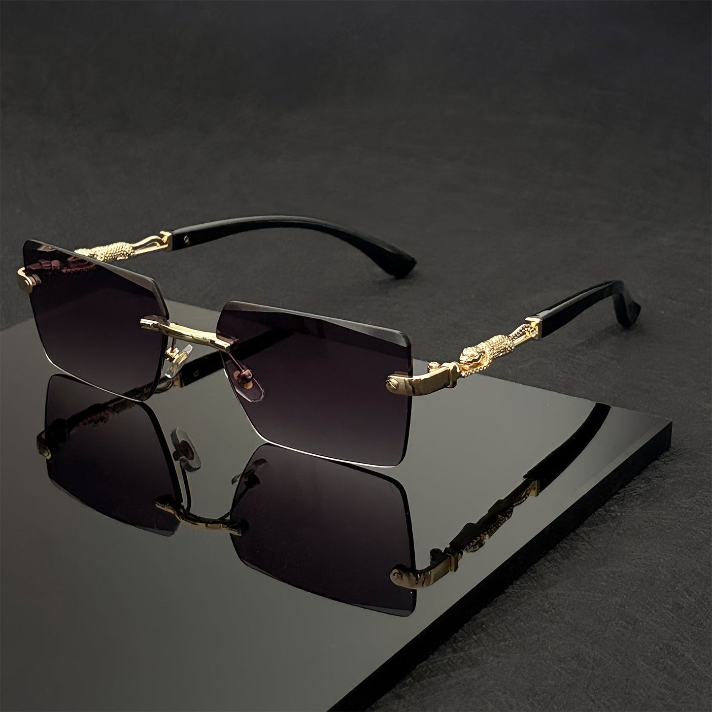 Unisex Luxury Frameless Sunglasses with Leopard Arms - UV400 Narrow Rectangular Lens Black & Gold Fashion Eyewear for Men & Women, Includes Protective Case & Cleaning Cloth for Driving Travel & Parties