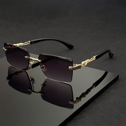 Unisex Luxury Frameless Sunglasses with Leopard Arms - UV400 Narrow Rectangular Lens Black & Gold Fashion Eyewear for Men & Women, Includes Protective Case & Cleaning Cloth for Driving Travel & Parties