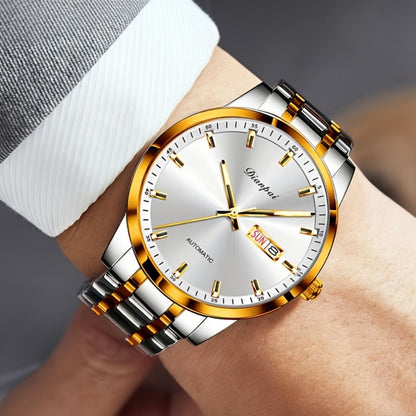 Men's Automatic Self-Winding Mechanical Watch – Slim Stainless Steel Band, Luminous Hands, Calendar Display, No Battery Needed – Luxury Business Dress Watch Gift