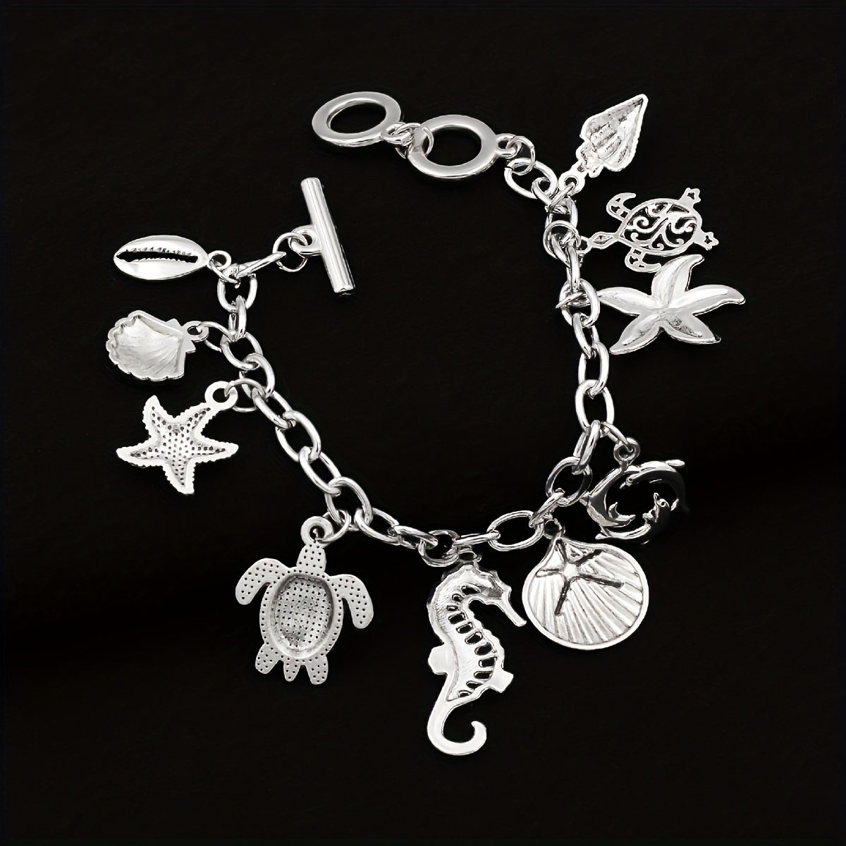 S925 Silver Ocean Charm Bracelet for Women – Seahorse, Turtle, Dolphin, Starfish, Conch & Scallop Pendant Chain, Elegant Marine Animal Jewelry Friendship Gift for Summer & Vacation